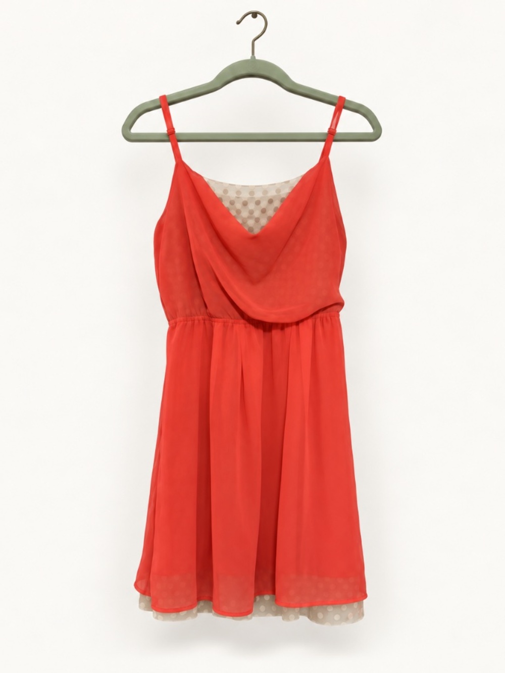 Jealous Tomato Coral Cowl Neck Dress Cream Polka Dot Mesh Trim Small